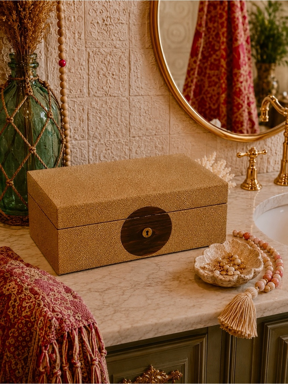 Global Views Faux Shagreen Locking Jewelry Box Mirror Key 14” Camel Brown
